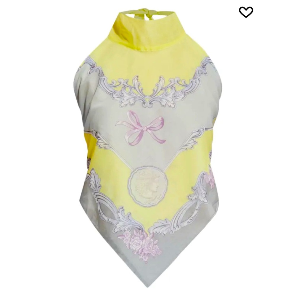 Versace Yellow, Light Gray & Pink Silk Halter Scarf Top